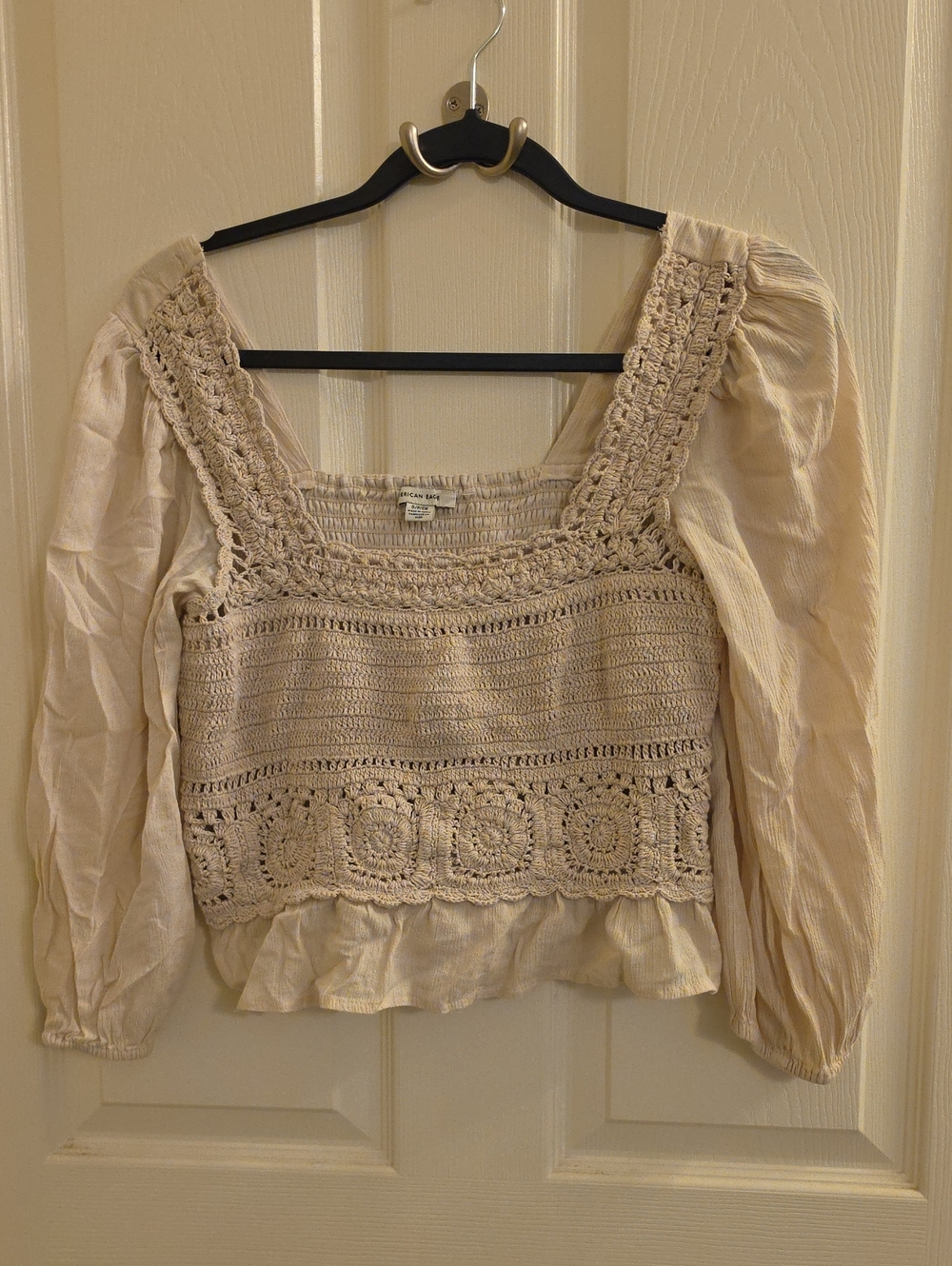 American Eagle Cream Crochet Square Neck Puff Sleeve Blouse S